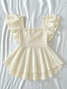 SHEIN Camiseta de punto jacquard con mangas con volantes, estilo casual y cómodo, ideal para el verano, uso en el hogar, linda, adecuada para fiestas, Día de San Valentín, para adolescentes - Caqui - Ver 2