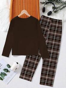 两件套男童纯色优雅格子口袋装饰长袖上衣搭配经典格子咖啡色长裤，休闲舒适家居服套装 - 彩色 - 查看 2