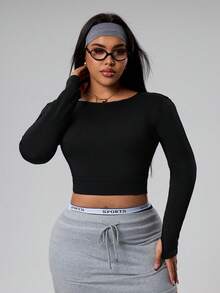 Rhythm Era 大码女式无缝交叉露背性感运动长袖T恤 - 黑色 - 查看 2