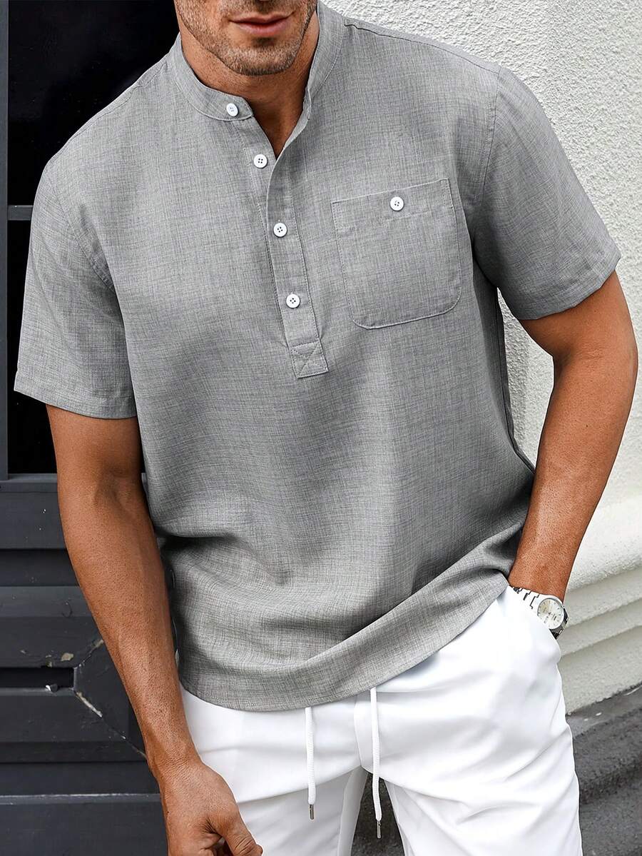 Manfinity CasualCool Dual-Tone Casual Stand Collar Short Sleeve Shirt - Light Grey - View 1