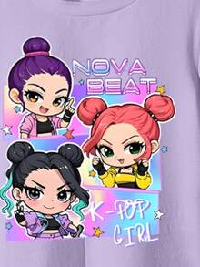 两件套休闲简约英文字母动漫图案紫色短袖圆领T恤和黑色喇叭裤，可爱卡通趣味时尚女童套装，适合所有季节