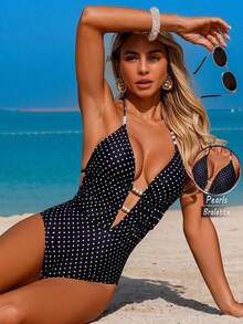 Swim Chiccia 1pc Women's Elegant Polka Dot Sexy Deep V-Neck Pearl Embellished One-Piece Swimsuit, Spring/Summer - Black - View 3