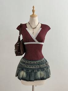 Elamini Brown Polka Dot Print Contrast White Lace V-Neck Waist Cinched Short Sleeve Cropped T-Shirt, Women's Spring/Summer Fashion Commute Vacation Retro Elegant Cute Date Minimalist Everyday Versatile - Brown - View 1