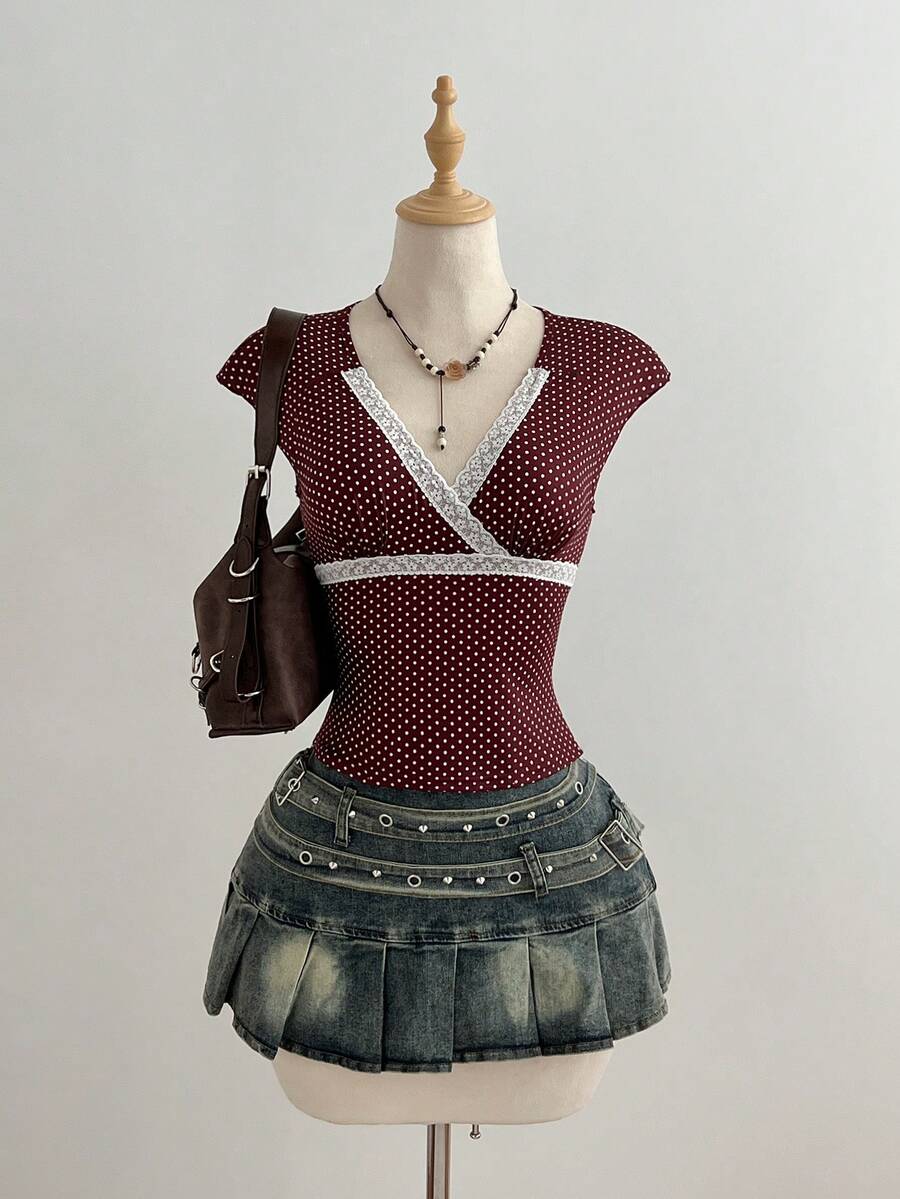 Elamini Brown Polka Dot Print Contrast White Lace V-Neck Waist Cinched Short Sleeve Cropped T-Shirt, Women's Spring/Summer Fashion Commute Vacation Retro Elegant Cute Date Minimalist Everyday Versatile - Brown - View 1