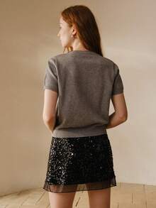 MOTF PREMIUM WOMEN'S RHINESTONE EMBELLISHED FRONT BUTTON SHORT SLEEVE KNIT TOP - Grey - View 3