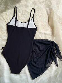 SHEIN Teen Girls Vacation Ditsy Floral Side Bow Decor Casual One-Piece Swimsuit With Cover-Up Skirt - Black - View 2