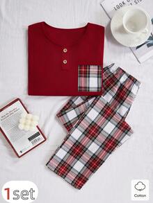 8Y-12Y Boys' Sleepwear Set, Red Solid Top & Plaid Pants, Comfortable Fabric - Red - View 12