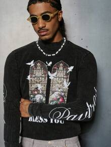 PAVTROS 男士街头风长袖T恤，圆领，复古做旧抓绒面料，罗纹质感，饰有宗教图案印花，Y2K风格，复古手写设计，高街时尚，独特个性化，青春活力，节日礼物，男友礼物 - 灰色 - 查看 6