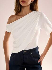 Avenya Summer Fashion Solid Color Ruched Shoulder T-Shirt - White - View 4