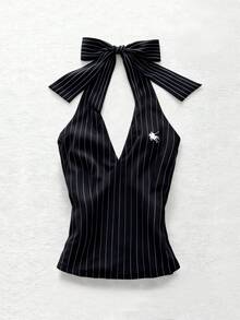 Glimmora Women's Summer Fashion Vacation Style Racer Stripe Print Backless Tie Front Camisole - Black - View 1