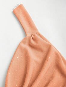 SHEIN PETITE Đầm ngắn ôm sát người bằng vải dệt kim đính sequin, cổ cao, hở lưng dành cho nữ, thích hợp dự tiệc. - trái cam - Xem 5