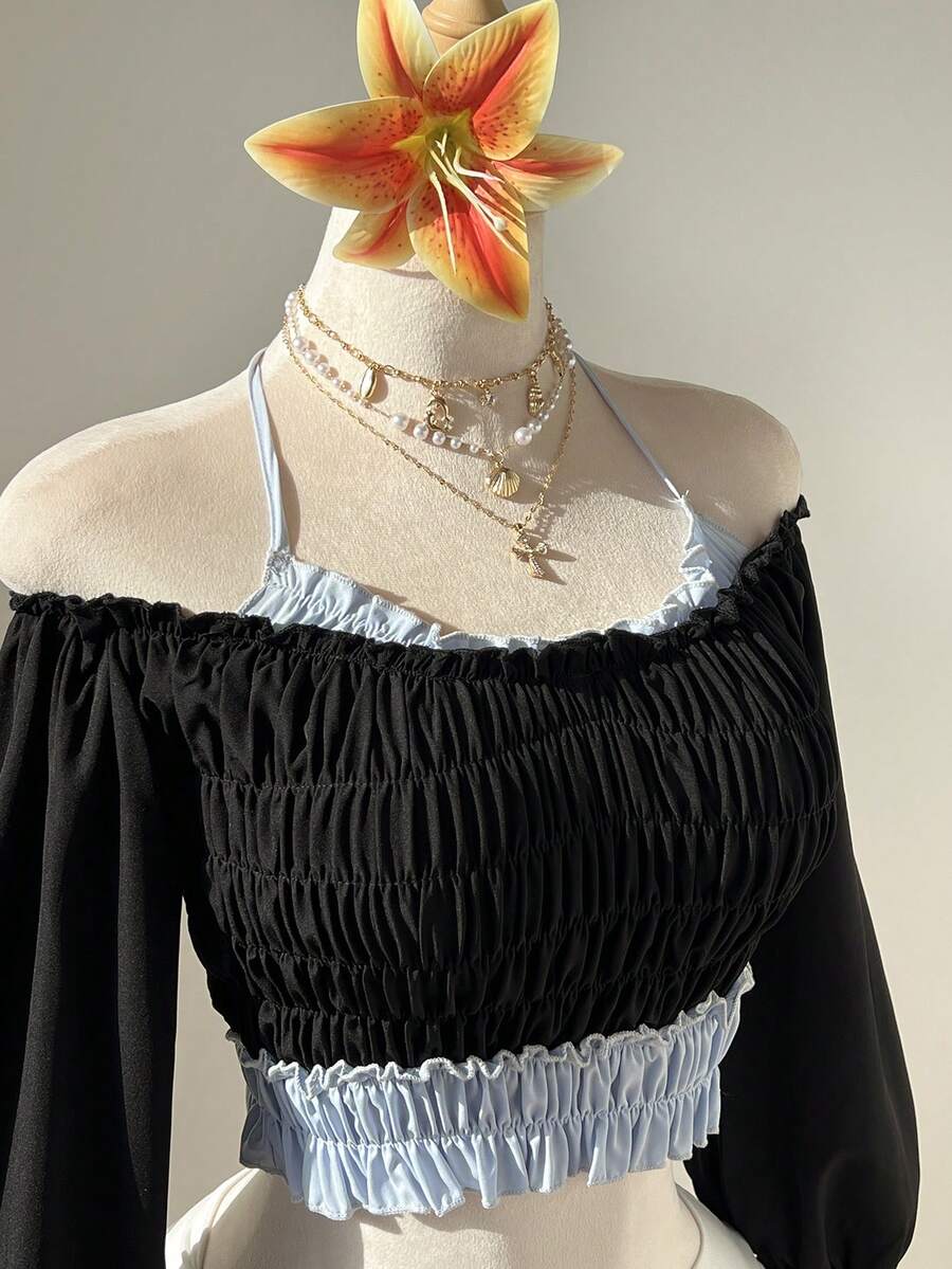 Elamini Débardeur à manches longues et coupe ajustée, style colorblock, sexy et à la mode pour les vacances - Multicolore - Voir 1