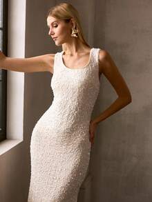 MOTF Soiréza WOMEN'S ELEGANT ROUND NECKLINE SEQUIN MERMAID GOWN – IDEAL FOR WEDDINGS, GALA DINNERS, AWARD CEREMONIES & FORMAL RECEPTIONS - Apricot - View 5