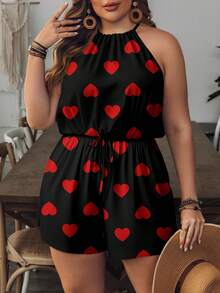 EMERY ROSE Heart Print Plus Size Halter Romper, Suitable For Vacation Valentine's Day - Multicolor - View 3