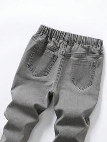 SHEIN Tween Boy 休闲松紧腰百搭弹力灰色牛仔裤 - 淺灰色 - 查看 3