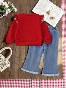 SHEIN Conjunto de 2 piezas de niña bebé con sudadera de cuello redondo de manga larga con bordado de mariposa y pantalones de mezclilla, adecuado para salidas, citas, uso casual, escuela, fiestas y talla grande, adornado con moño de cinta rosa - Rojo - Ver 2