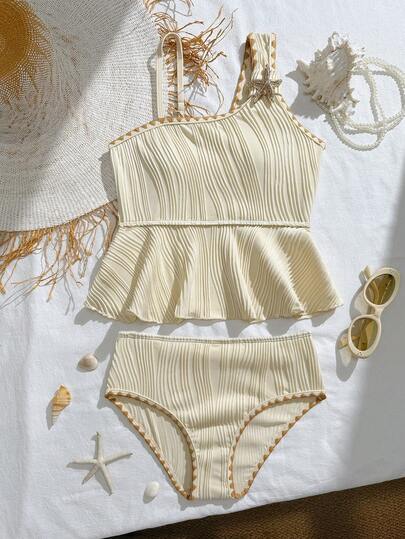 SHEIN 1件装少女弹力速干舒适针织比基尼上衣，饰有海星图案和卡其色花卉滚边，适合海滩、泳池、海边、度假、夏季、旅行。少女纯色泳衣，褶皱吊带泳装，荷叶边上衣泳装，少女泳装套装，20套泳装。