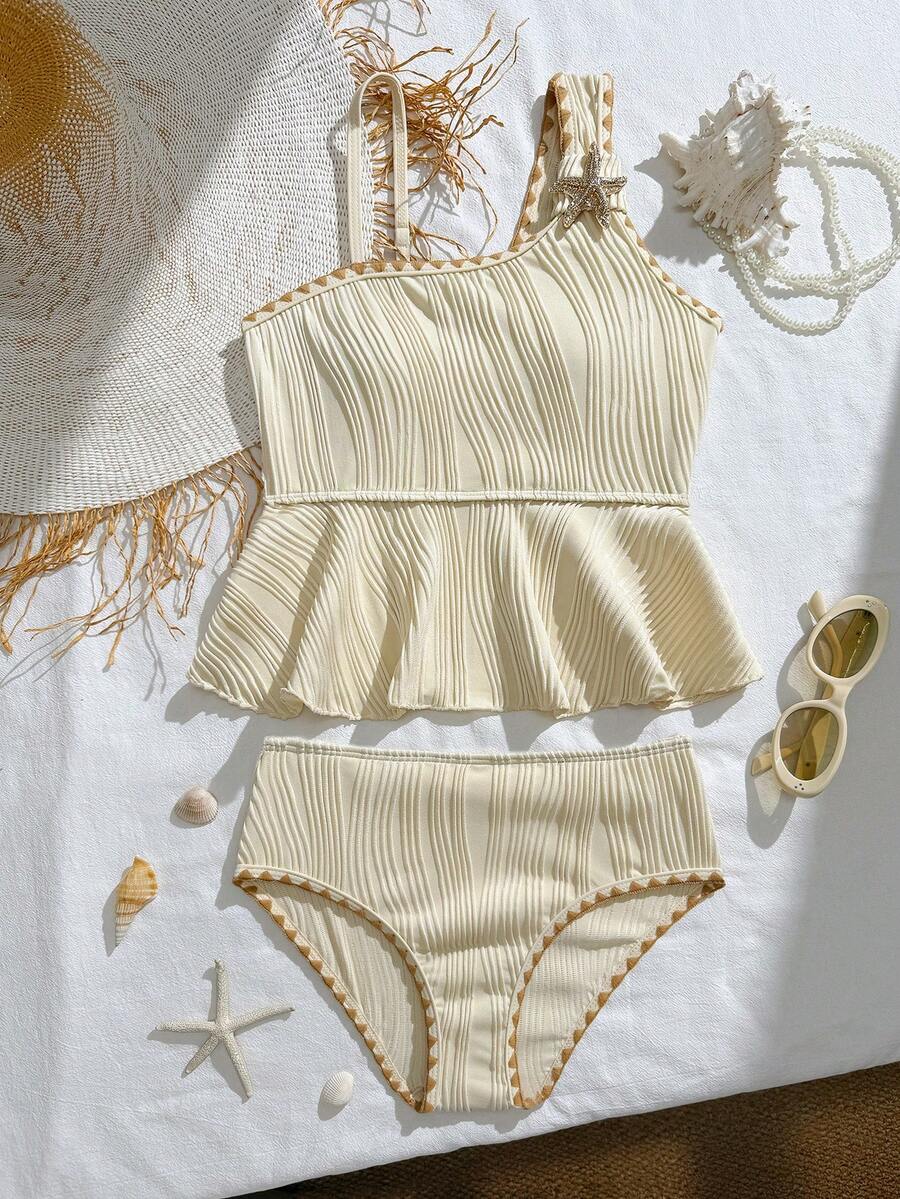 SHEIN 1 chiếc áo bikini cho bé gái tuổi teen, chất liệu vải dệt kim co giãn, nhanh khô, thoải mái, họa tiết sao biển, viền hoa màu kaki, thích hợp cho bãi biển, hồ bơi, bờ biển, kỳ nghỉ, mùa hè, du lịch. Áo tắm tankini xếp ly màu trơn cho bé gái tuổi teen, áo bơi bèo nhún, trang phục bơi cho bé gái, 20 bộ đồ bơi. - Màu be - Xem 1