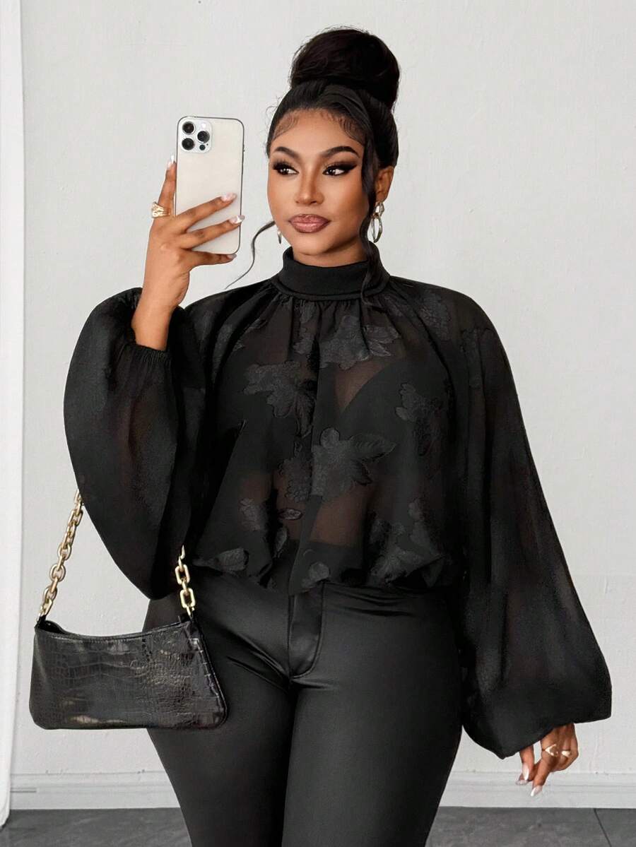 Maweii 大码女式立领雪纺提花薄纱性感约会之夜灯笼袖衬衫 - 黑色 - 查看 1