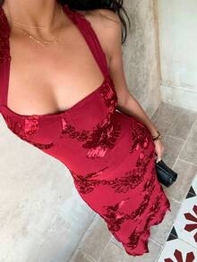 Sunnyshic 女士酒红色露背修身长款鱼尾连衣裙，奢华刺绣，优雅迷人，适合婚礼、派对、宴会、海滩、夜店、约会、秋季、情人节、圣诞节等场合。 - 紅色 - 查看 4