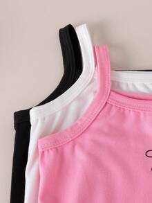 SHEIN 3pcs Baby Girl Casual, Simple, Sweet & Cute Pink, Black, White Tricolor Camisole Bodysuit Set, Summer - Multicolor - View 6