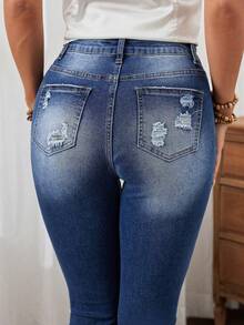EMERY ROSE Quần jeans nữ dáng ôm, dài đến 7/8, kiểu dáng thường ngày, chất liệu denim mài. - Rửa tối - Xem 2