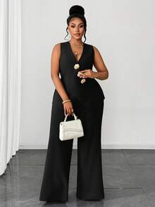 Maweii 大码女式纯色V领单排扣背心上衣和阔腿裤休闲套装 - 黑色 - 查看 5