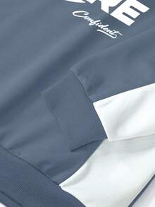 Manfinity Roghcode 男式字母图案圆领插肩袖宽松套头衫街头潮流上衣 90 年代运动蓝色、针织街头潮流、秋季 - 霧霾藍 - 查看 5