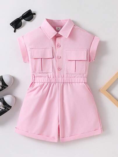 SHEIN Young Girl Summer Casual Solid Color Romper Rompers For Girls Girls Jumpsuit Shorts Clothes For Girls Pink