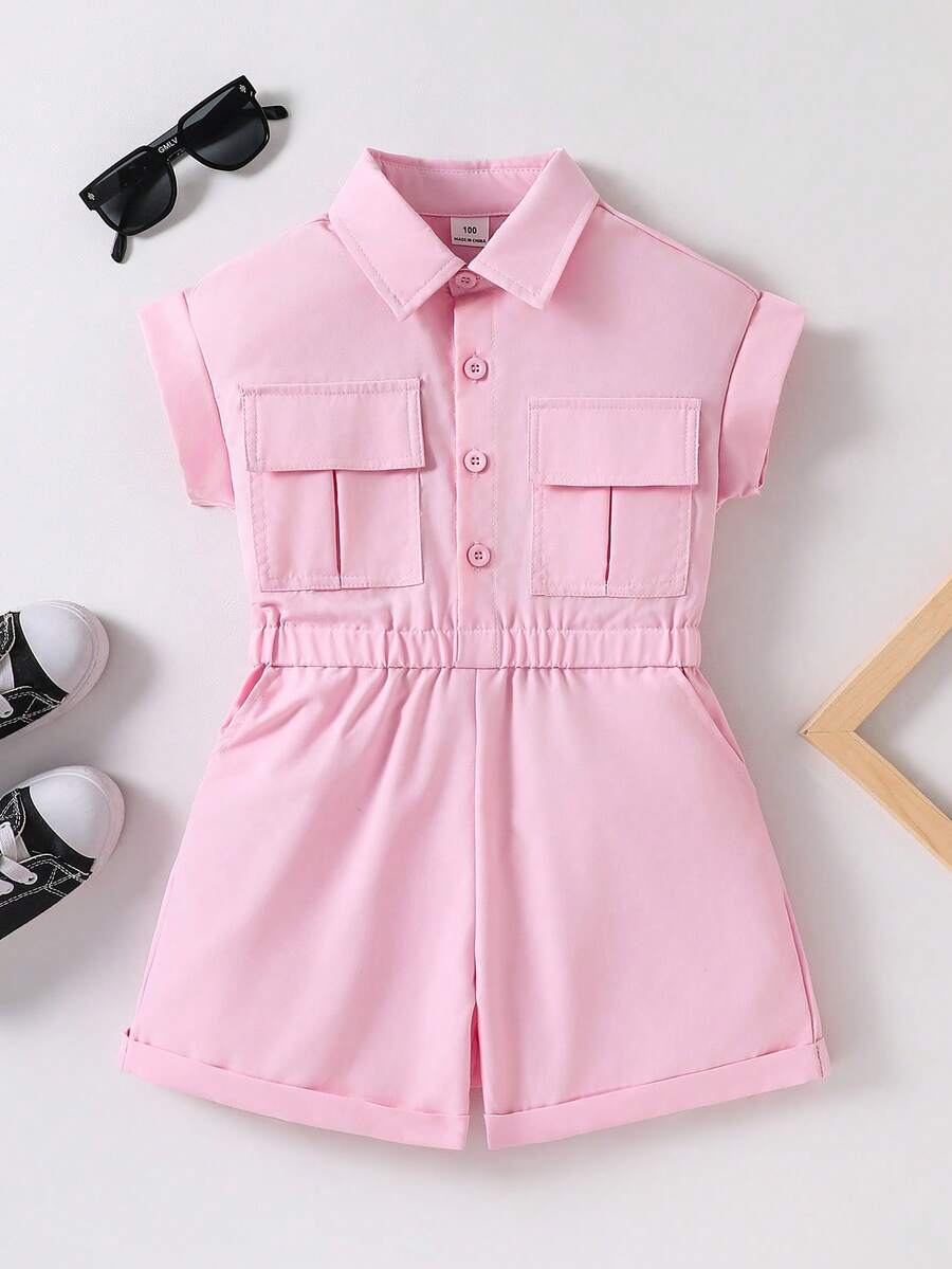 SHEIN Young Girl Summer Casual Solid Color Romper Rompers For Girls Girls Jumpsuit Shorts Clothes For Girls Pink