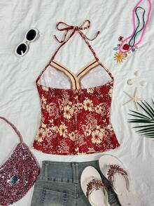 INAWLY Women's Floral Print Halter Backless Casual Vacation Top - Red - View 2