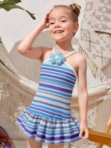 SHEIN Elladie kids 小女孩时尚甜美彩虹条纹吊带露背连衣裙，可爱夏日度假装 - 藍色 - 查看 3