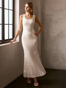 MOTF Soiréza WOMEN'S ELEGANT ROUND NECKLINE SEQUIN MERMAID GOWN – IDEAL FOR WEDDINGS, GALA DINNERS, AWARD CEREMONIES & FORMAL RECEPTIONS - Apricot - View 4