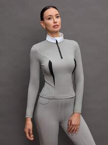Activina Women's Stand Collar Zipper Half Placket Casual Versatile Daily Outdoor Equestrian Long Sleeve Top - Grey - View 5