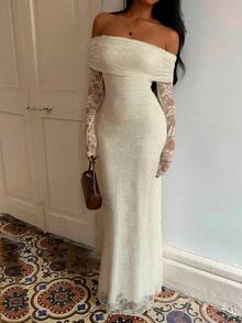 Sunnyshic Đầm ren trơn màu thanh lịch, trễ vai, thích hợp cho đám cưới, tiệc Giáng sinh. - Màu be - Xem 7