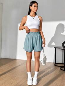 Flirla Women's Casual Solid Color Ruffle Waist Shorts, Summer - Blue - View 5