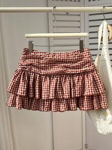 Elamini 女士红色格子褶皱高腰双层下摆浪漫度假甜美休闲短裙，春夏款 - 紅色 - 查看 2