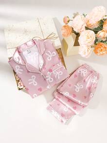 少女粉色条纹小熊印花仿丝绸睡衣套装，带领子和长袖 - 粉色 - 查看 4