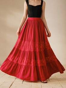 MOTF PREMIUM WOMEN'S CONTRAST LACE RUFFLE HEM SKIRT - Burgundy - View 1