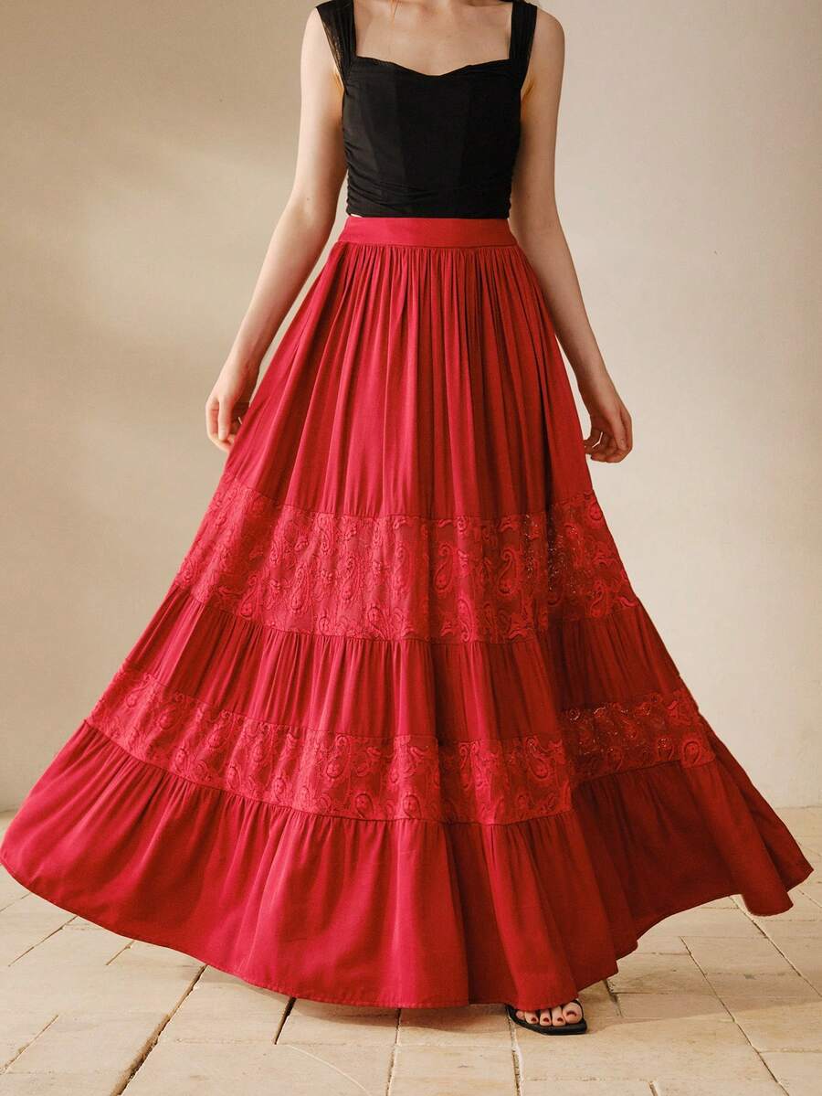 MOTF PREMIUM WOMEN'S CONTRAST LACE RUFFLE HEM SKIRT - Burgundy - View 1