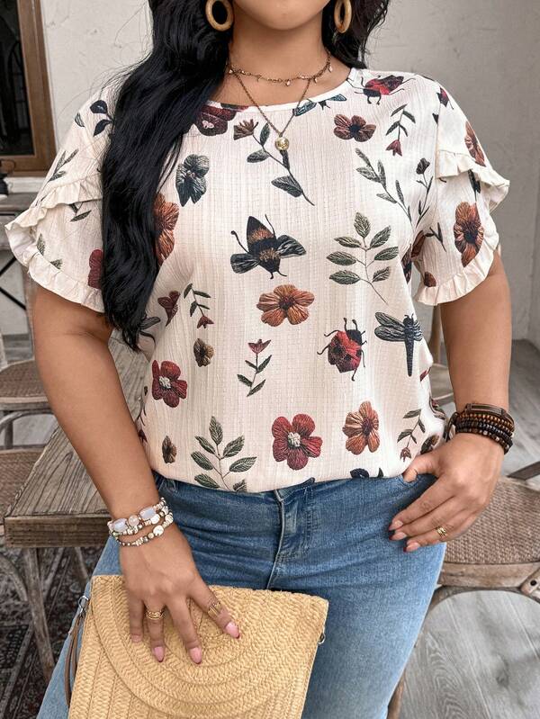 Breezaya Camisa feminina plus size de tecido plano com estampa, estilo casual de verão.