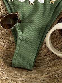 Swim Vcay 女士度假拼布编织肩带贝壳装饰纹理面料系带比基尼套装 - 綠色 - 查看 5