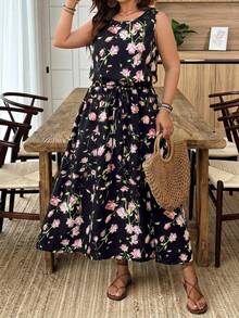 SHEIN LUNE Đầm không tay dáng rộng dành cho nữ, có dây rút ở eo, trang phục mùa hè cho nữ, ngày lễ Thánh Patrick, trang phục dự tiệc, lễ hội, kỳ nghỉ xuân, phong cách Boho. - Nhiều màu - Xem 3