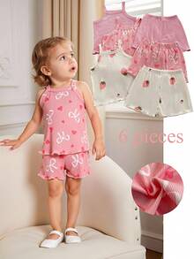 SHEIN 女婴舒适百搭甜美可爱背带短裤套装，多件套，夏季