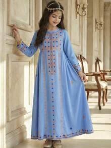 SHEIN Tween Girl Print Long Sleeve Dress, Vacation Style - Blue - View 6