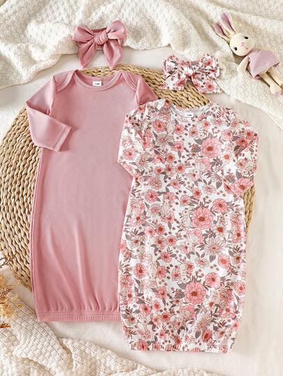 SHEIN 2pcs Newborn Baby Long Sleeve Nightgown, Floral & Ribbed Pattern, Envelope Collar, Knitted Fabric, Comfortable & Soft Homewear, Suitable For All Seasons