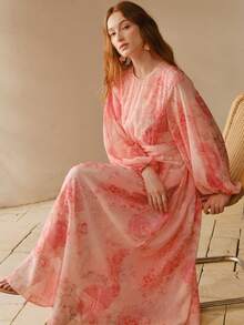 MOTF PREMIUM WOMEN'S PINK CHIFFON ROUND NECK WAIST CINCHED LONG SLEEVE MIDI DRESS