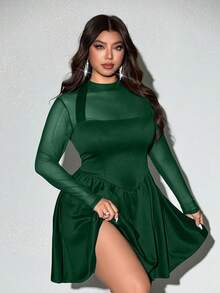 Viva Relle Plus Size Women's Elegant Sexy Party Dress With Stand Collar, Mesh Patchwork, Waist Cinching, Suitable For Spring, Summer, Autumn - Dark Green - View 2