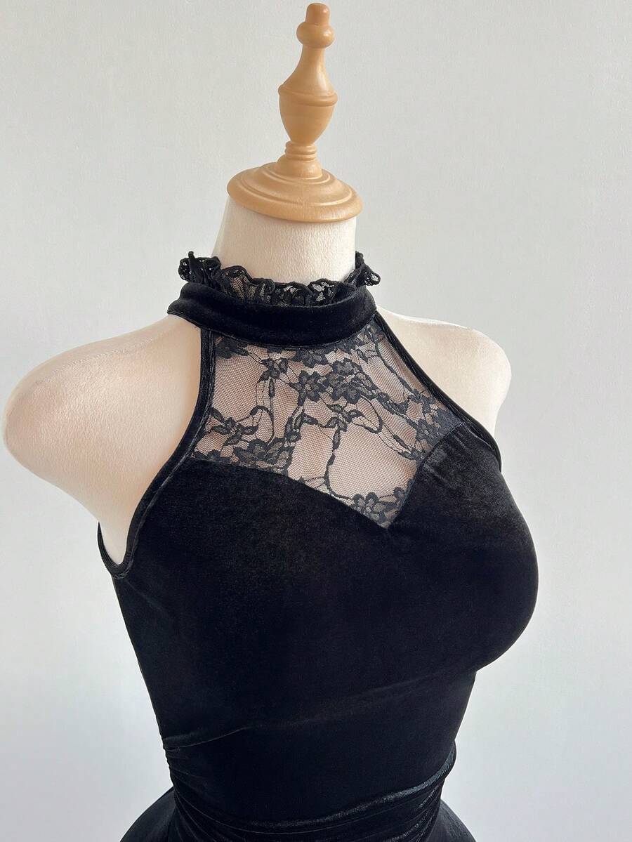 Elamini Đầm ngắn ôm sát cổ yếm phối ren đen, kiểu dáng cổ điển thanh lịch, dễ thương, phù hợp cho tiệc tùng, đi làm, buổi tối và mặc hàng ngày. - màu đen - Xem 1