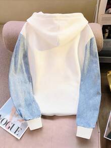 Resyla 热销新款女式个性化牛仔袖拼接连帽卫衣，饰有字母和数字（67）。非常适合休闲外出、购物旅行以及与朋友搭配。春秋季百搭时尚。 - 彩色 - 查看 2